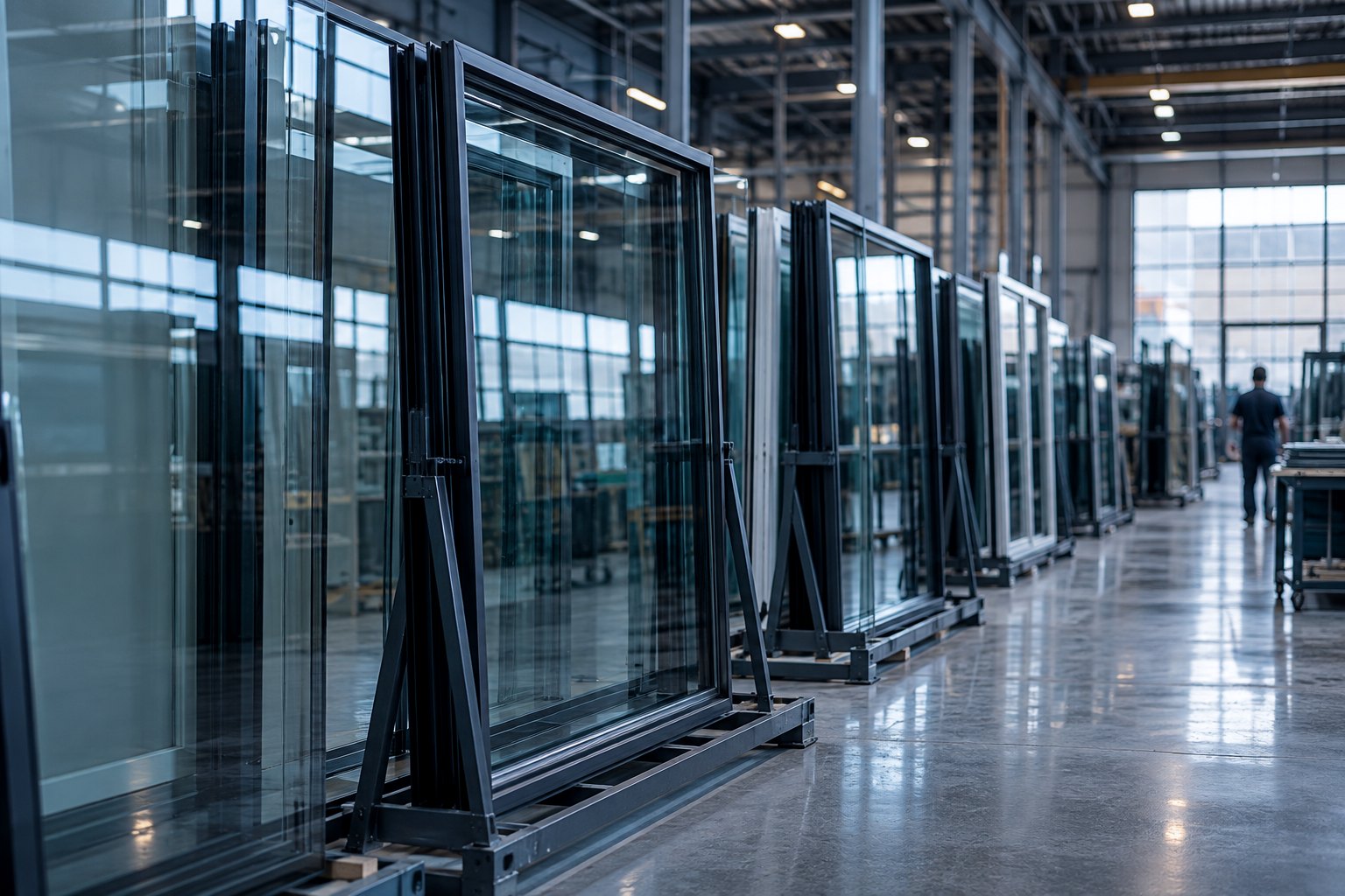 Finished window units on racks in a fabrication facility