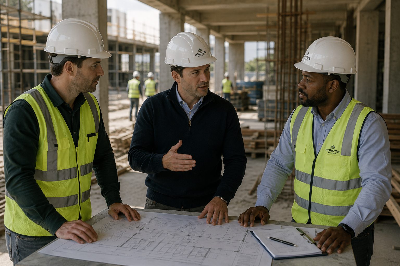 Levco reviewing plans on site with a portfolio company's operating team